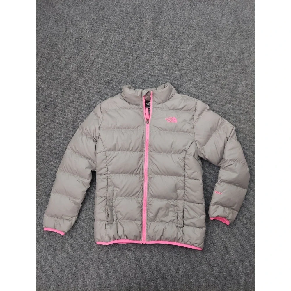 NORTH FACE Down Puffer Jacket Girls Large 14/16 Gray Pink 550 Full Zip Coat